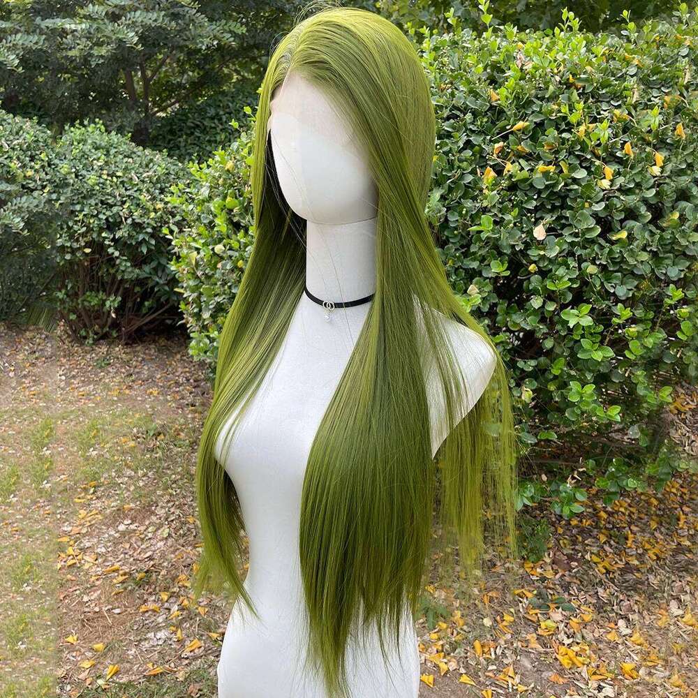 Green 13X4 Synthetic Front For Women 26 Inch Long Sliky Straight Lace Wigs Half Hand Tied 150% Density Glueless