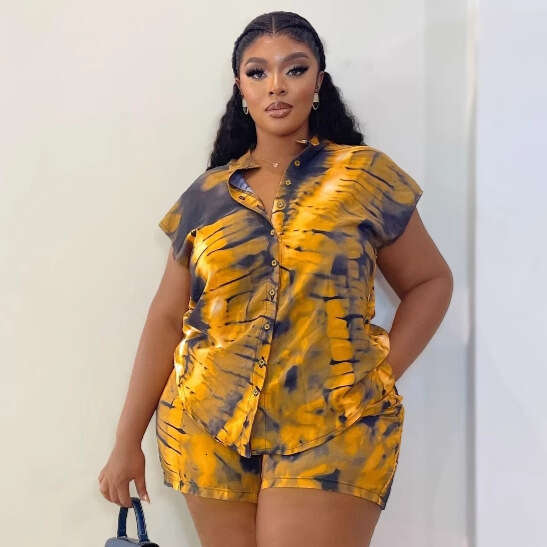 Women's Short Sleeve Turn-Down Collar Plus Size Printed Shirt Casual Shorts Fashion Loose Two-Piece Set For Women B5
