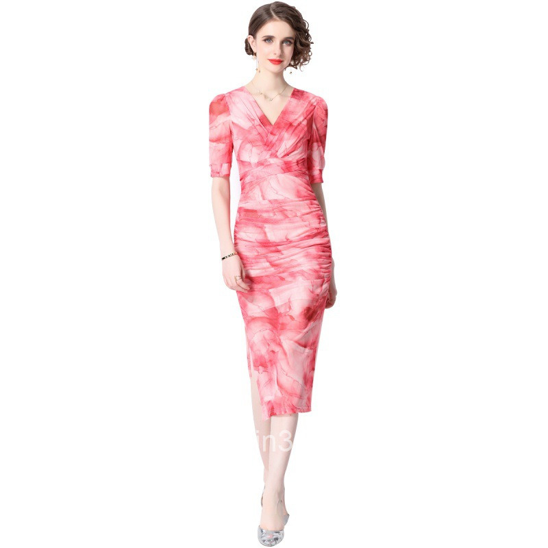 Summer New Plus Size Womens V-Neck Slim Tie Mid-Sleeve Printed Dress Mid-Length Dress with Side Slits