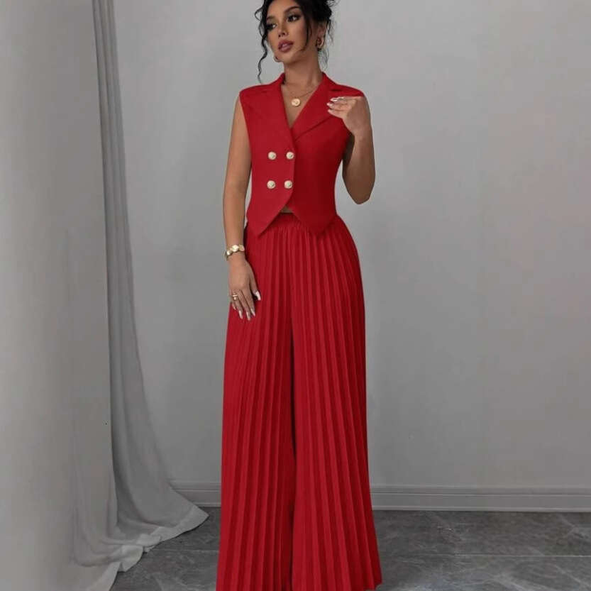 2025 European and American Cross-Border New Fashion Vest Pleated Skirt Pants Set Women's Clothing