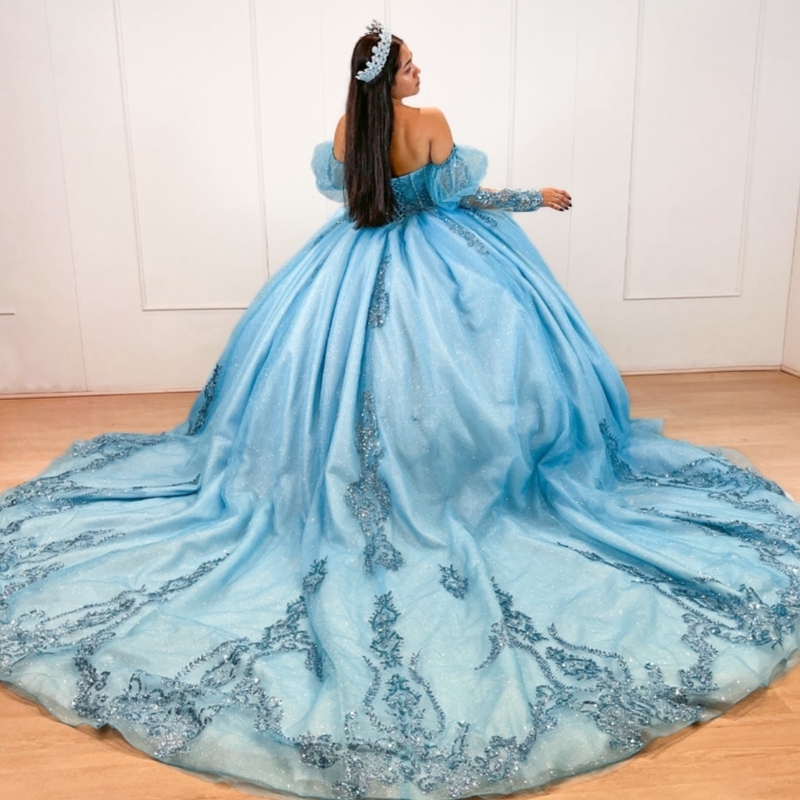 Sky Blue Shiny Quinceanera Dresses Off The Shoulder Sequin Appliques Lace Beads Tull Ball Gown Vestidos De 15 Anos Sweet 16 Dress