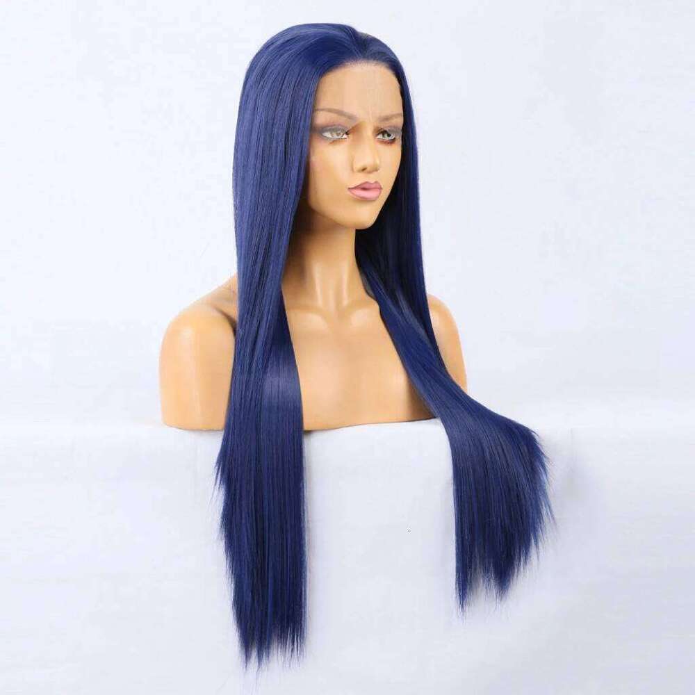 Straight Front Glueless Ready To Wear Long Human Blue Wig Synthetic Hair Lace Wigs For Women