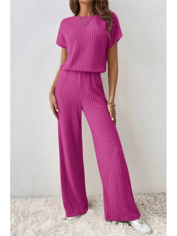 Elegant Shortsleeved Top Trousers 2piece Set For Women Fashion Autumn Winter Solid Color Knitted Suit Female 250729