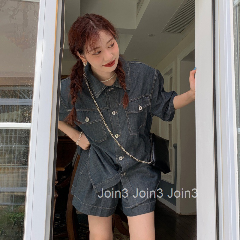 Summer New Casual Washed Denim Two-Piece Set Short Sleeve Shirt Top vs Shorts Set for Women