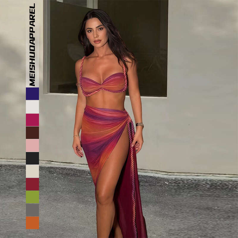 Beach Vacation Style Swimsuit for Women 2025 Spring New Sexy Backless Halter Strap Bodycon Skirt Two-Piece Set