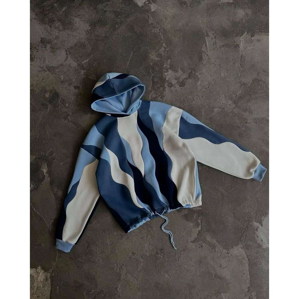 New Y2K Hooded Loose Sweatshirt Top Striped Color Block Drawstring Fashion Versatile