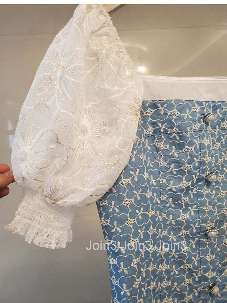 Summer New Style Socialite Chic Fashionable Elegant Square Neck Embroidered Floral Short Dress Loose Waist Short Sleeve Dress