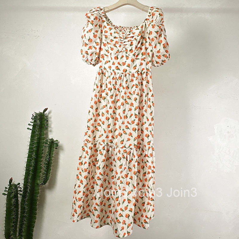 Summer New French Style Small Floral Dress V-neck High Waist Short Sleeve Printed Midi Dress