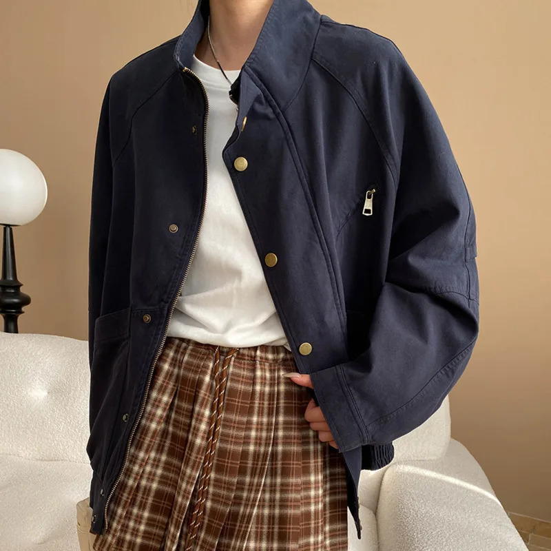 Womens Fashion Lightweight Oversized Cargo Jacket Stand Collar Multi Pocket Streetwear Casual Outerwear Coat 250729