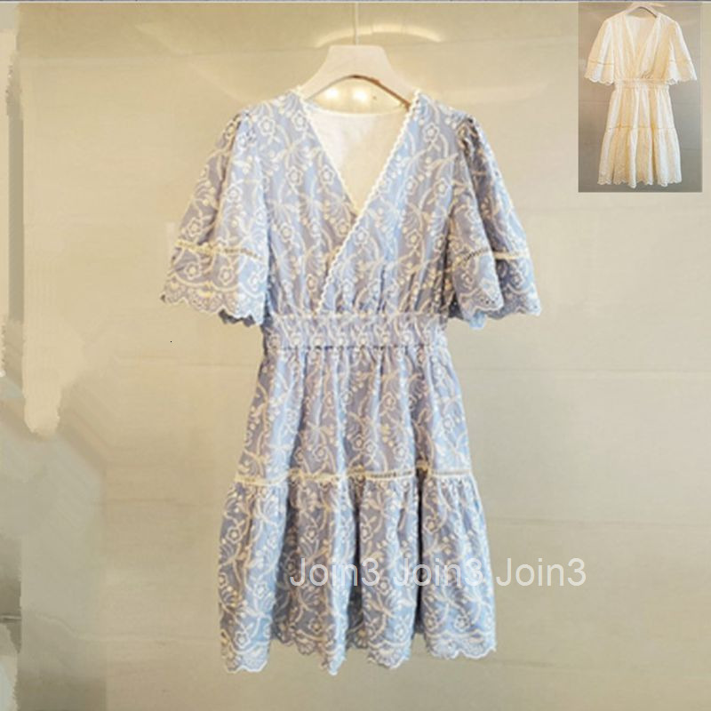 New Summer Dress Heavy Embroidery Hollow Fairy Mid-Length Dress Cross V-Neck Elegant Waist Slimming Short Sleeve Dress