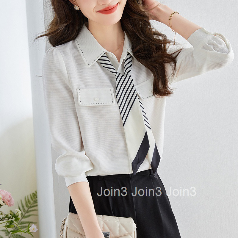 Spring and Autumn New Style Socialite Niche Tie Elegant Long Sleeve Shirt Womens Fashion Plus Size Blouse Top