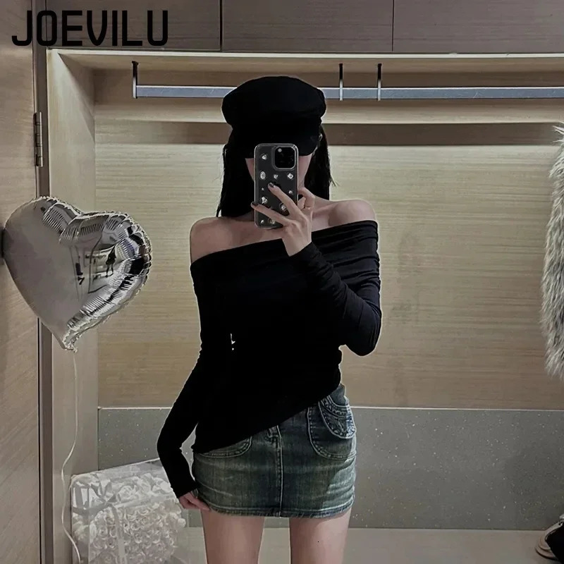 Black Asymmetric Niche Tops Off Shoulder Pleated Slim Fit Long Sleeve Tshirt Womens Korean Fashion Y2k Streetwear Skinny Tee 250729