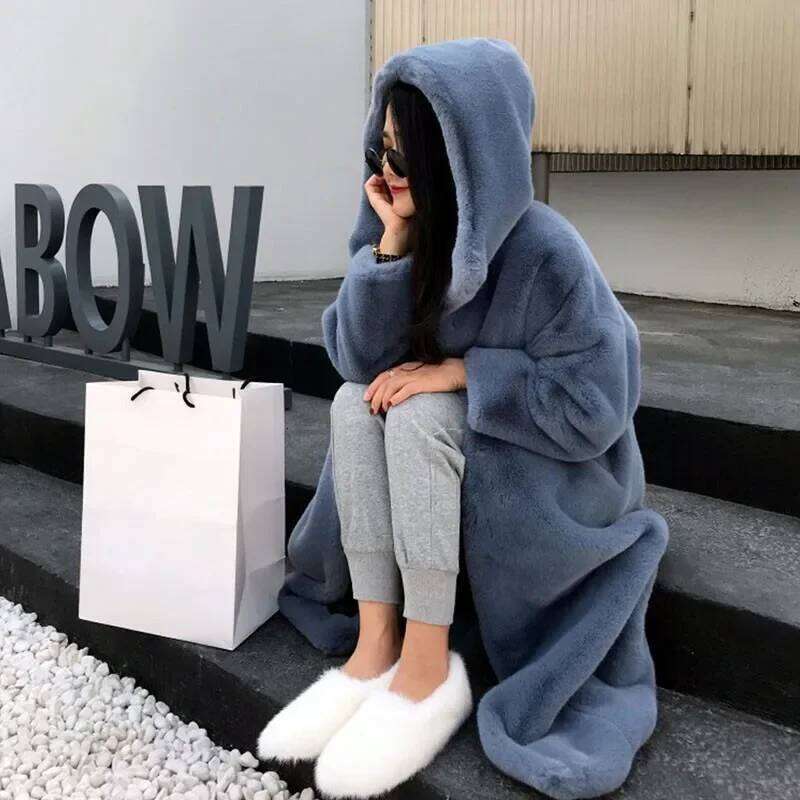 Women Imitation Mink Cashmere Overcoat Autumn Winter New Casual Hooded Long Sleeve Thicken Warm Faux Fur Outwear