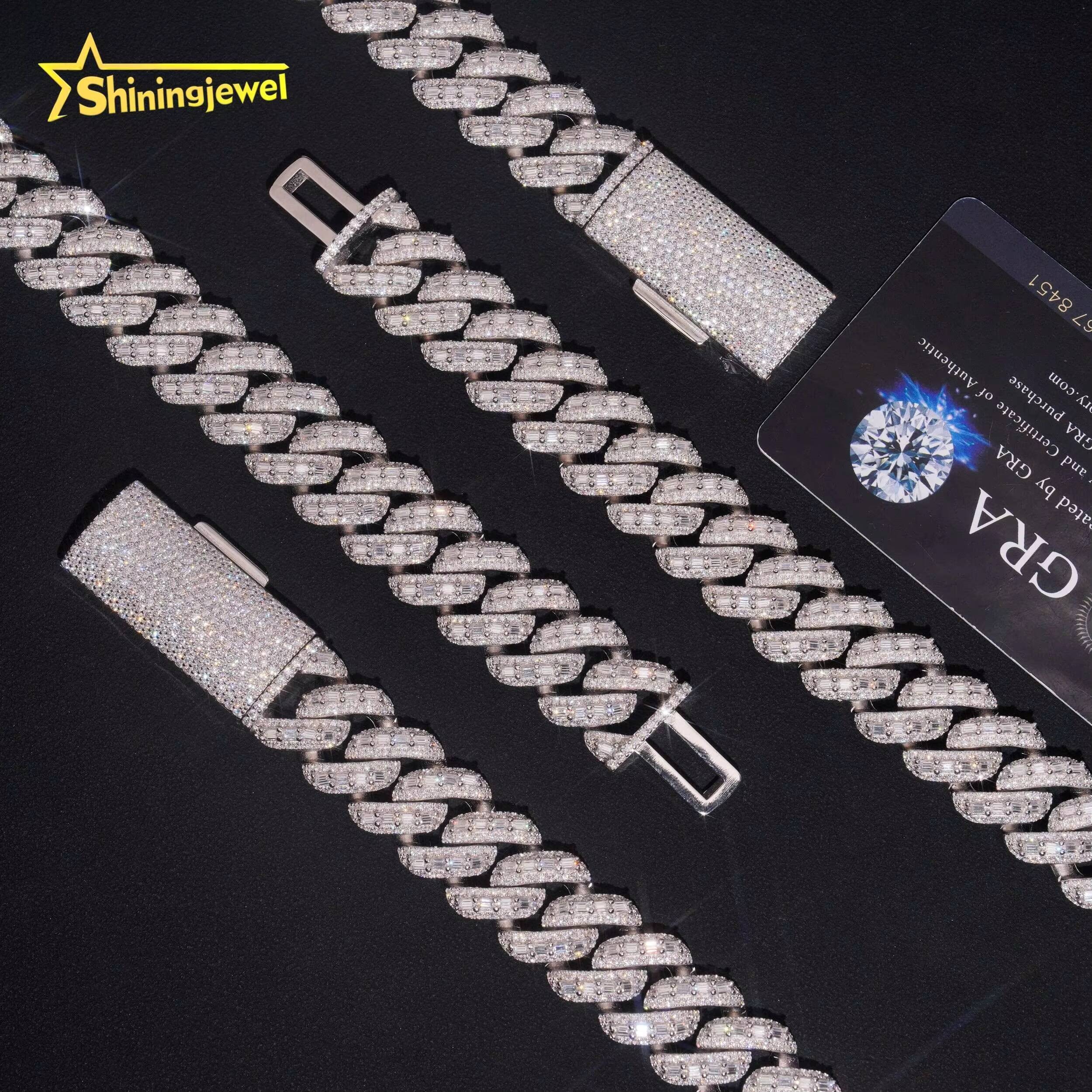 Rapper Jewelry Luxury Hip Hop Style Baguette Moissanite Iced Out 18mm 925 Silver Diamond Cuban Link Chain