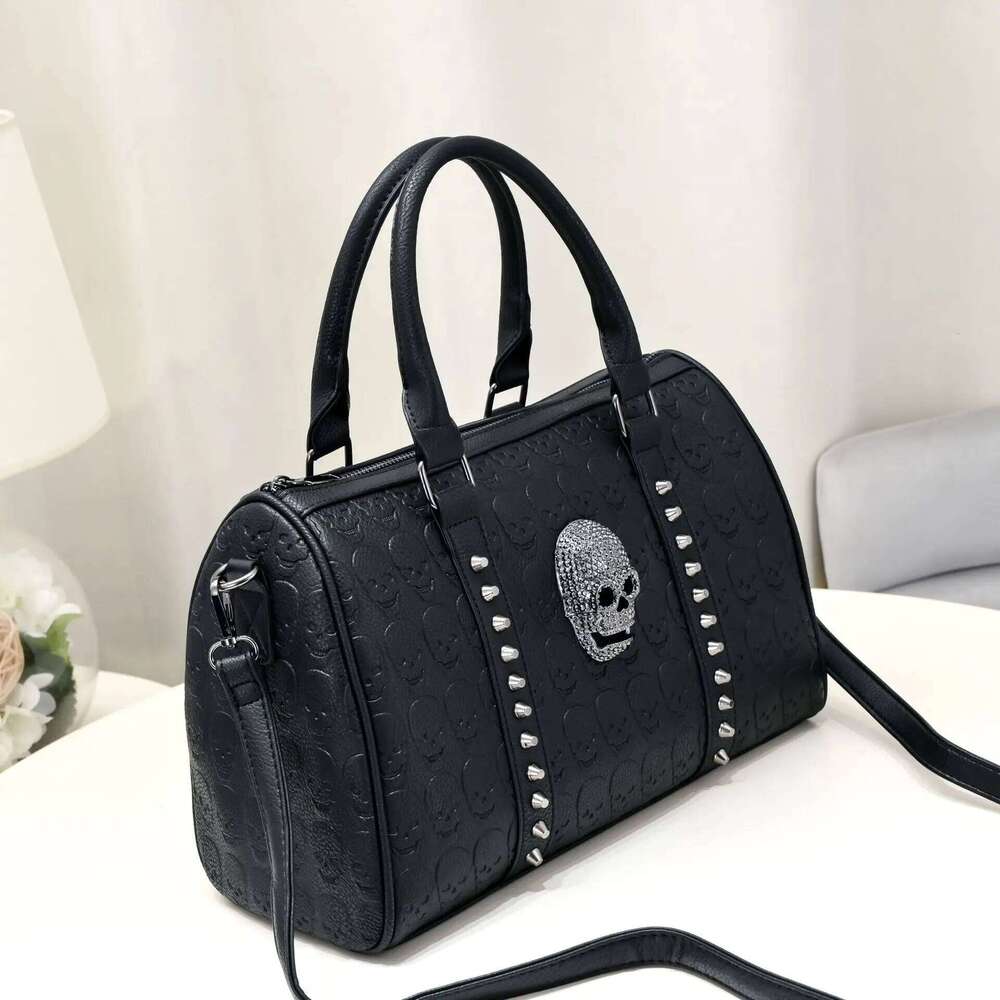 Jierotyx Gothic Style Skull Tote for Women Steampunk Studded Decor Boston Trendy Top Handle Crossbody Bag Large