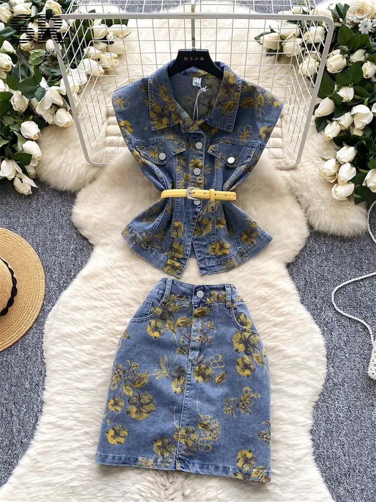 SINGREINY Vintage Print Denim Set Women Sleeveless Polo Neck Button Belt n TopsBodycon Skirt Streetwear Summer 2pcs Suits 250728