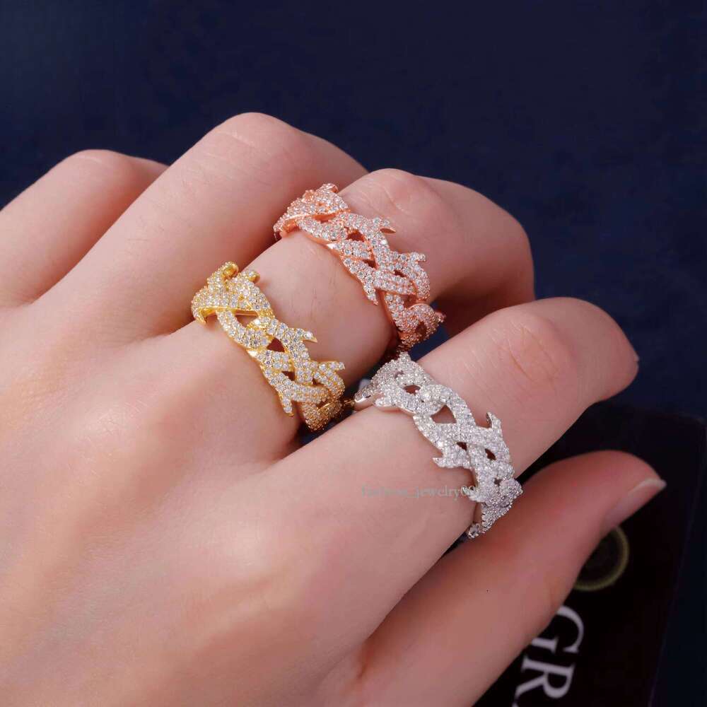 Fashion Jewelry Iced VVS Diatomaceous Earth Silver Plated Spike Hip Hop Unisex Cuban Ring