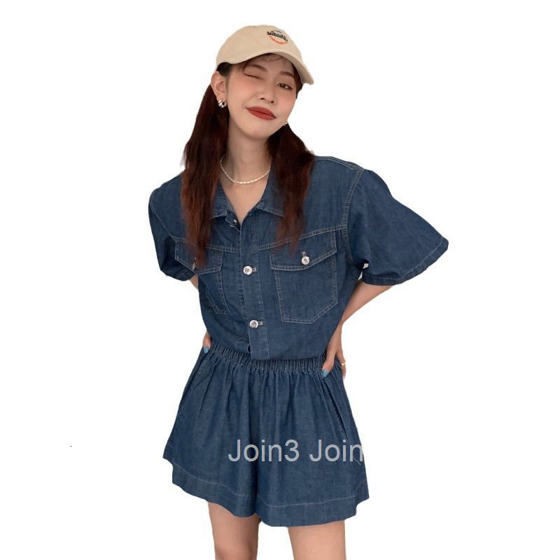 Summer New Casual Washed Denim Two-Piece Set Short Sleeve Shirt Top vs Shorts Set for Women