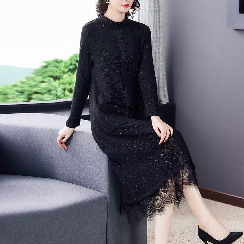 plus size women's new long sleeve high waist printed banquet dress mid-length skirt D02426