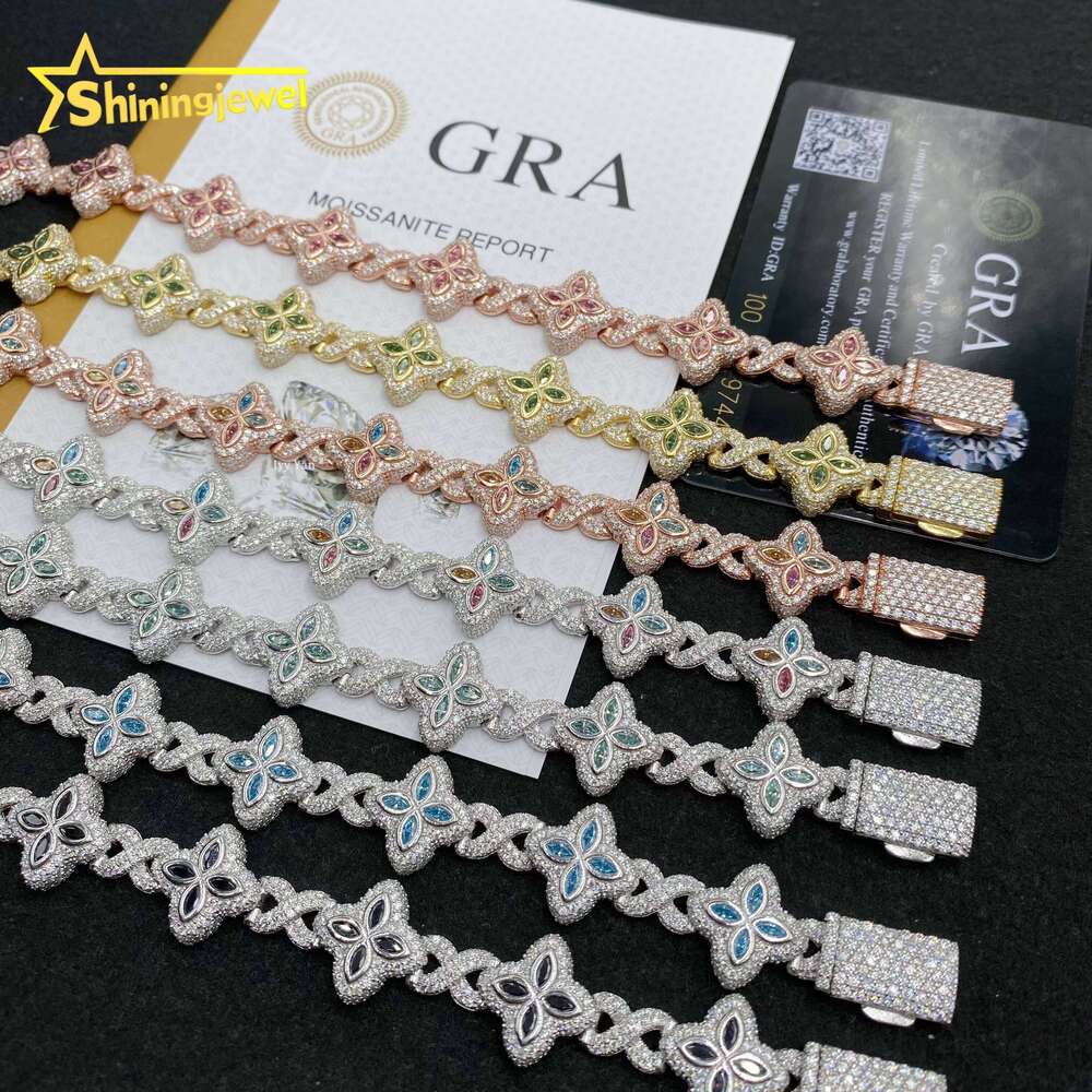 Colorful Marquise Flower Design 15mm Custom Iced Out Hip Hop Jewelry Cuban Link Chain Sier VVS Moissanite Bracelet