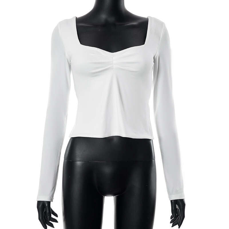 Y23tp1 Women's Autumn INS New Solid Color Square Neck Long Sleeve Gathered Side Slit Top T-Shirt For Women B5