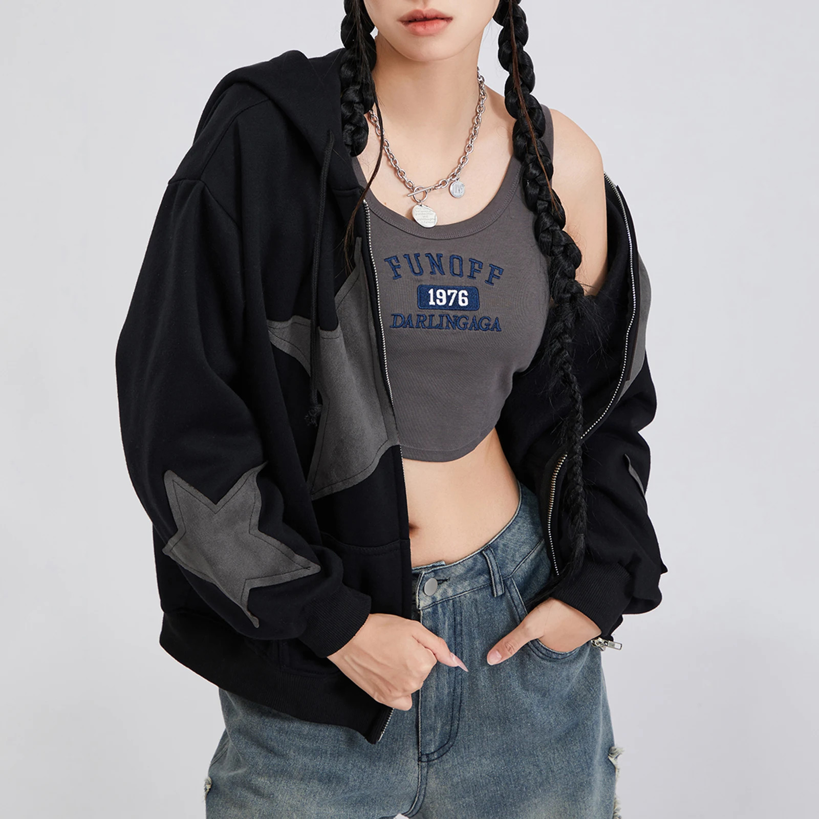 Vintage Star Print Drawstring Hoodies Womens Autumn Casual Loose Long Sleeve Zip Up Hooded Coats Street Harajuku Outerwear 250729