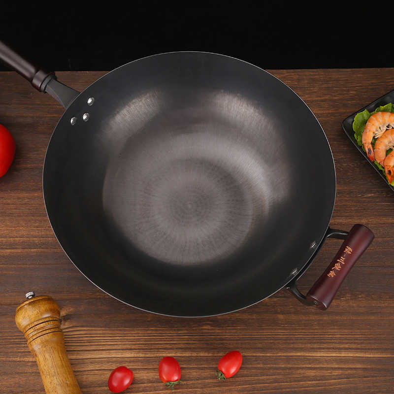 Carbon Steel Wok Pan 14 Round Bottom Traditional Japanese Chinese Stir Fry BBQ Grill Gas Stovetop Compatible Pan Pre-SeasonedC250228