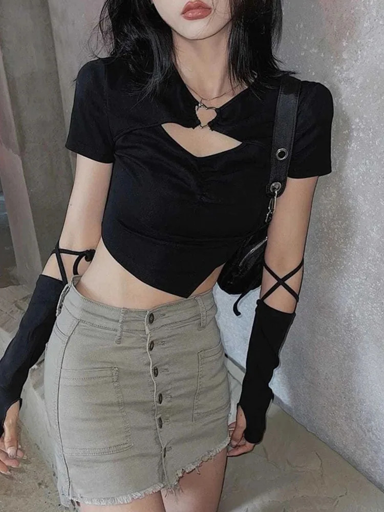 High Street Short Sleeve Tshirt Women Harajuku Summer Hollow Out Slim n Ins Korean Style Above Navel Cropped Top Allmatch 250724