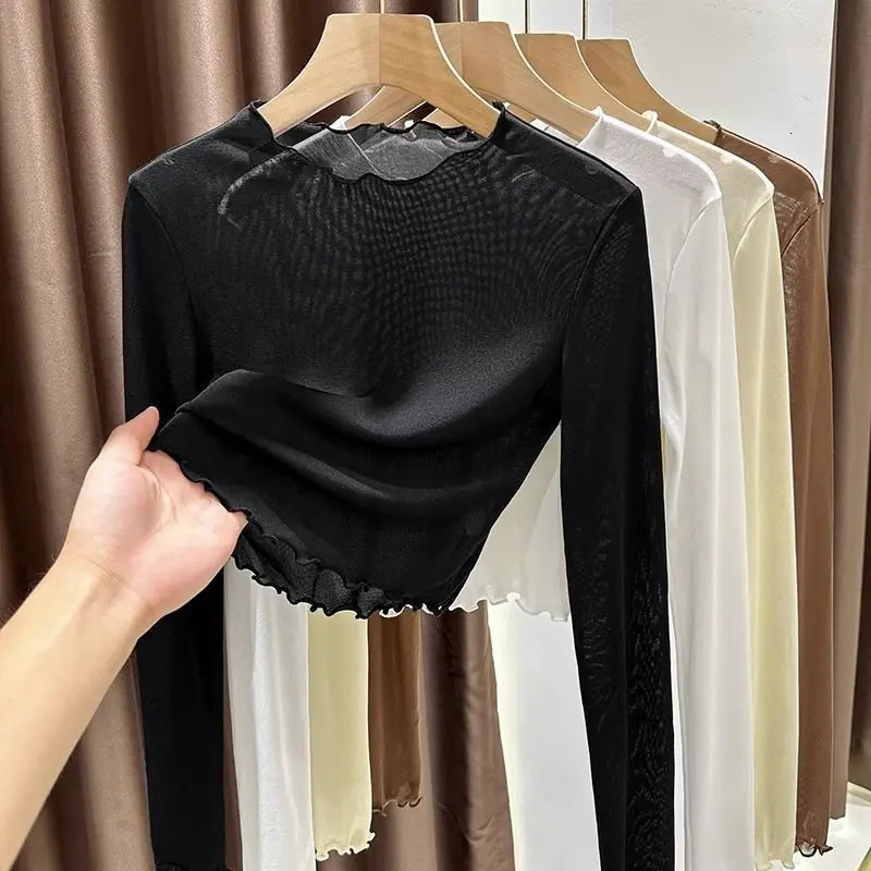 1pcs Spring Autumn Sexy Women TShirt See Through Transparent Mesh Lace Tops Long Sleeve Sheer Slim Ladies RoundNeck TShirt 250729