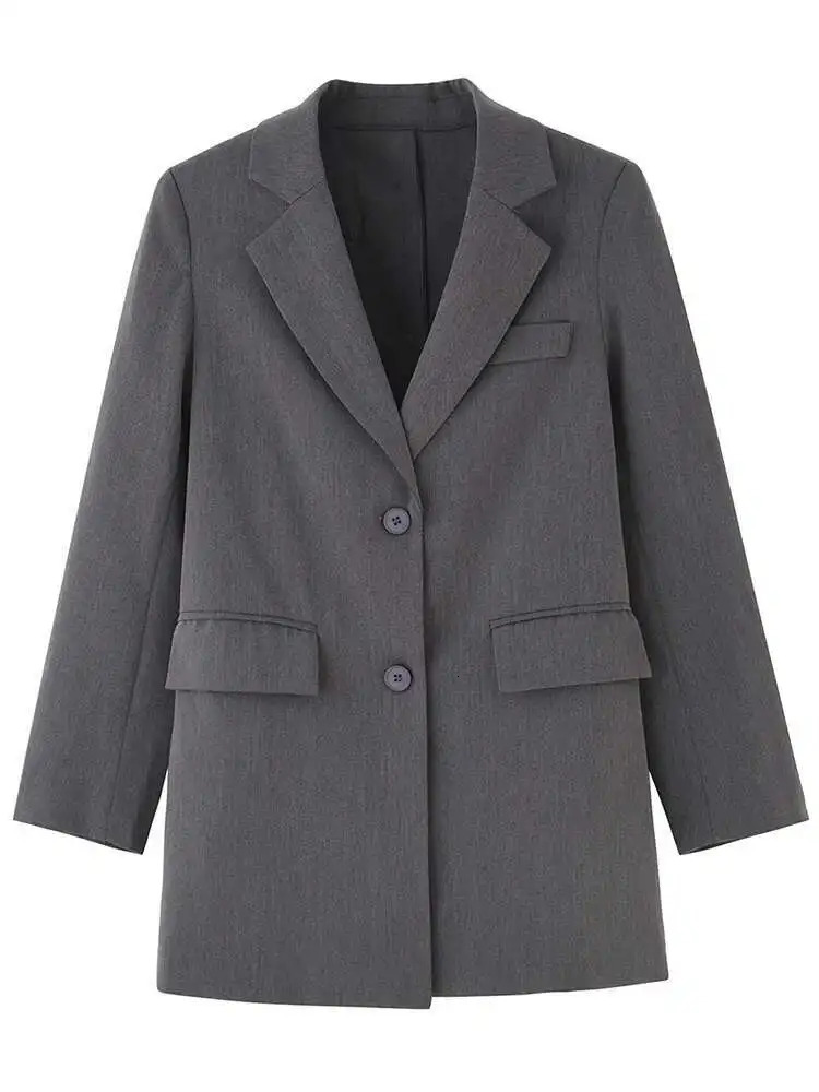 LANMREM ner Back Button Blazer for Women Gray Notched Long Sleeve Fashion Female Coat Spring Clothing 250715