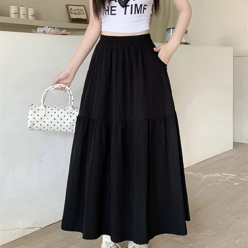 Plus Size Skirts Women Summer High Waist A Line Skirt Korean Style with Pockets Large Long Skirt 250729