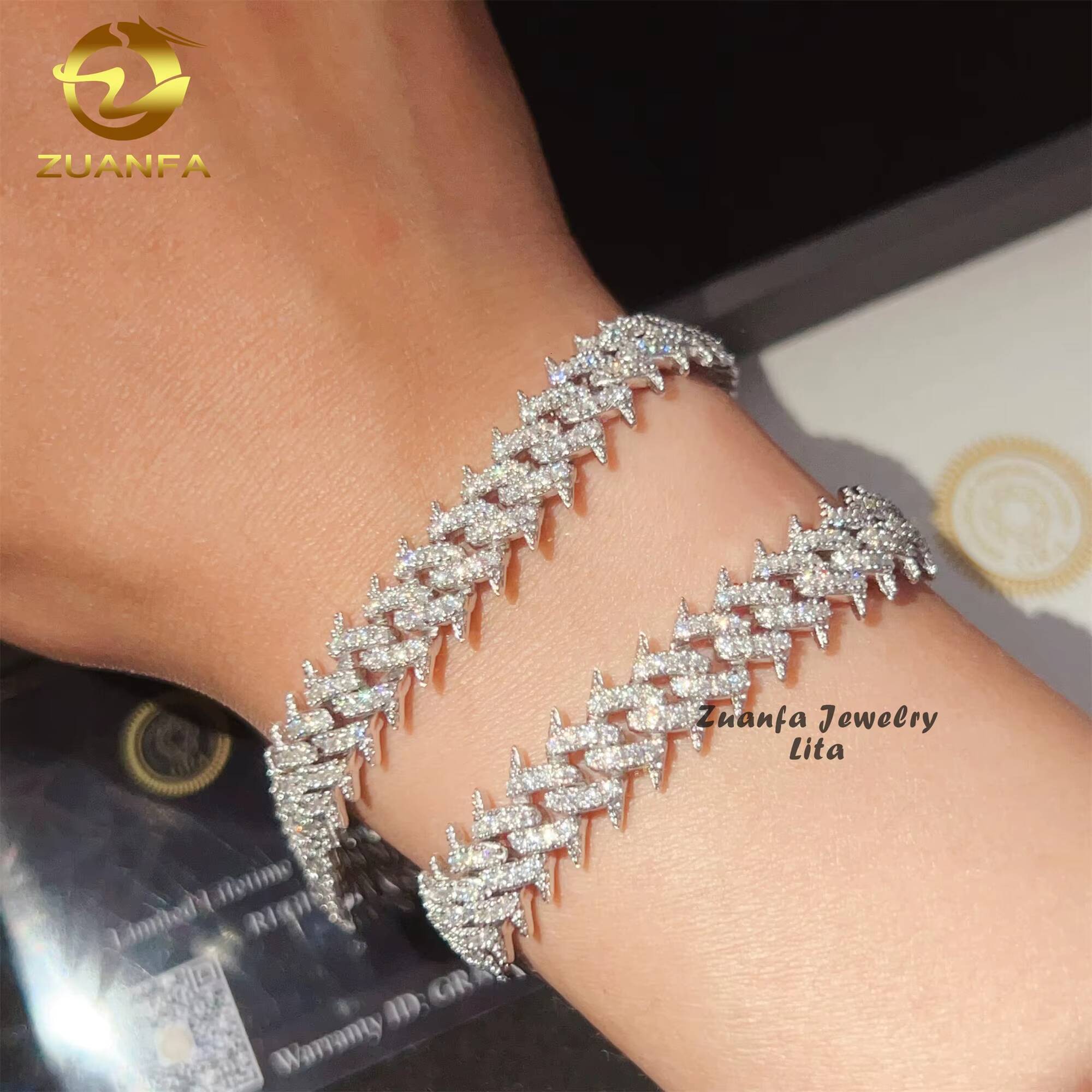 Zuanfa Jewelry Hip Hop 10mm Iced Out Diamond 925 Sterling Silver Moissanite Spike Cuban Link Bracelet