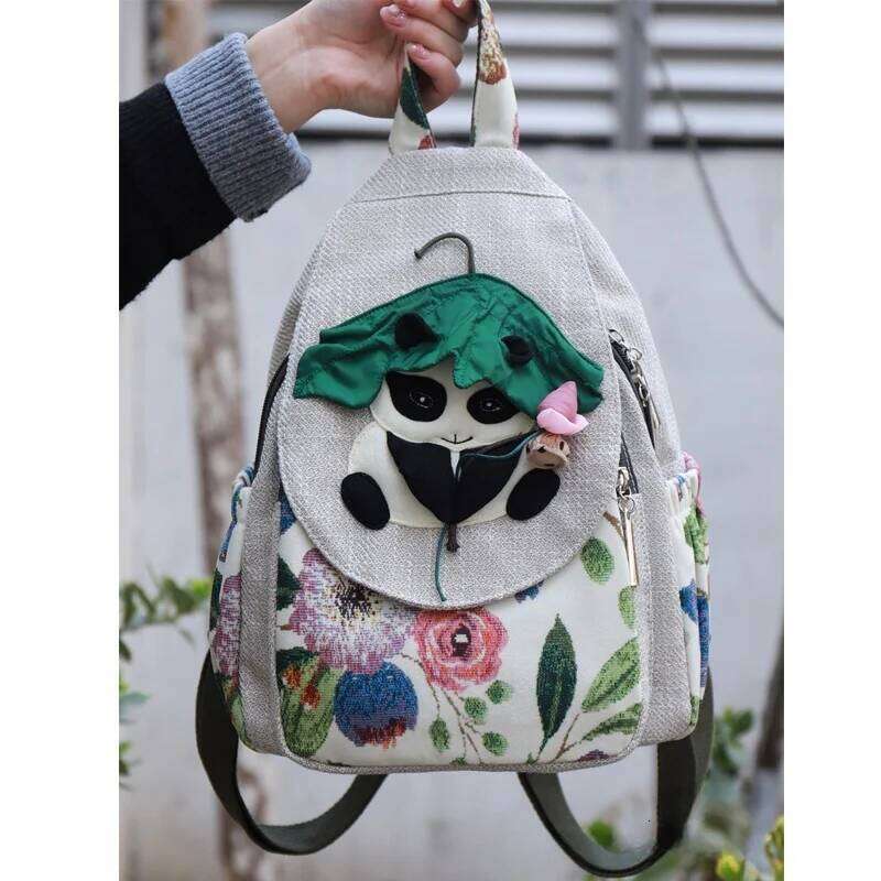 Fashion 3D National Embroidery Women High Quality Linen Female Daypack Pretty Style Cartoon Panda Design Girls Backpack