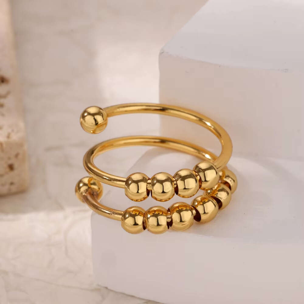 Stainless Steel Gold Multi-layer Adjustable Open Decompression Bead Anxiety Ring