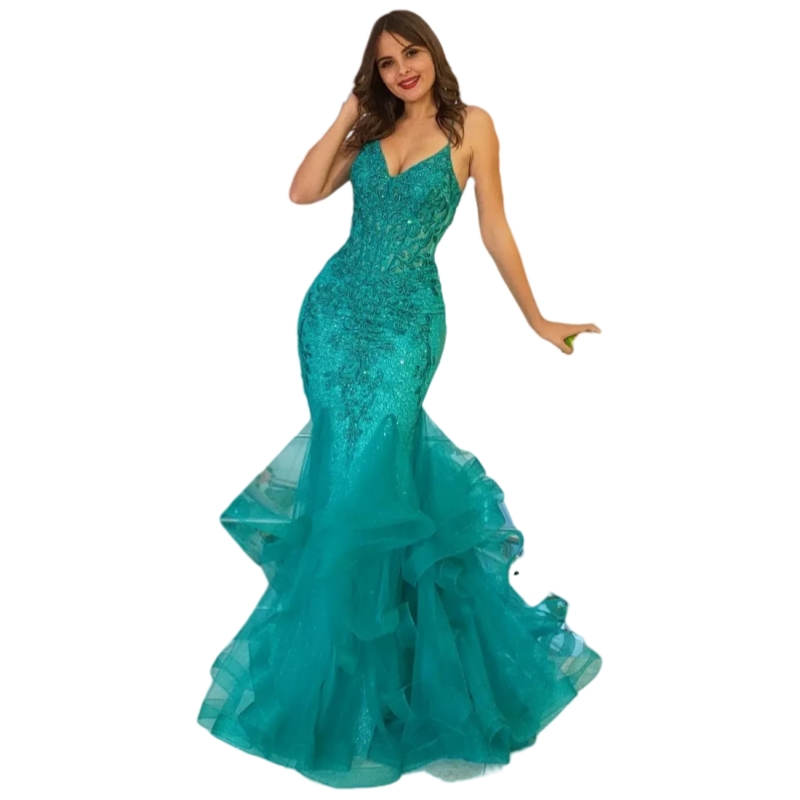 Modern Ruffles Mermaid Prom Dresses Floor Length Spaghetti Straps Long Elegant Evening Gown Lace Appliques Chic Birthday Party Special Occasion Wear