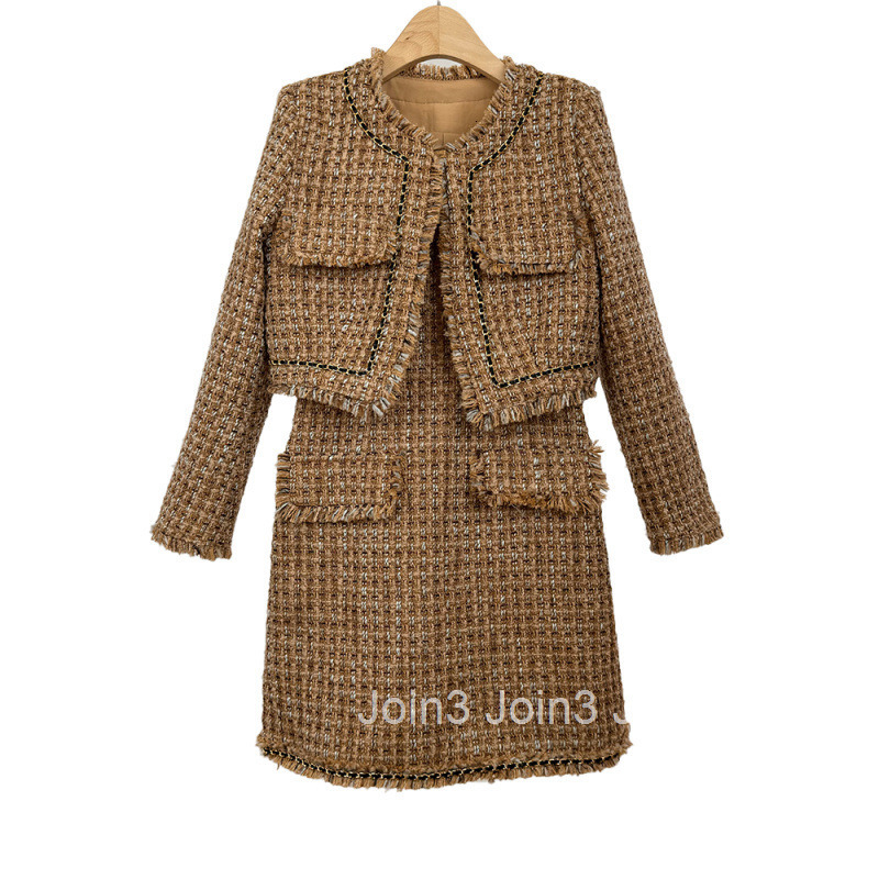 Winter New Womens French Style Tweed Two-Piece Set Slim Fit Camisole Dress Short Coat Set