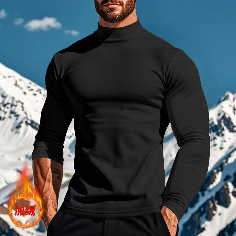 Mens Autumn Winter Thermal Pure Long Sleeve T-Shirt Knitted Base Shirt Slim Fit Half High Collar Mens Top