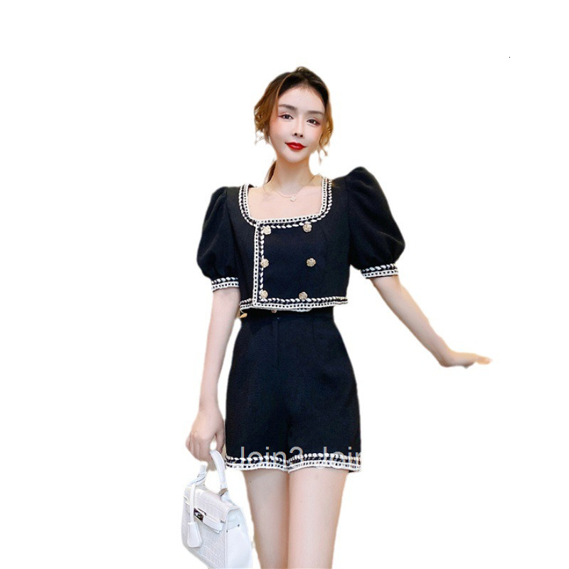 2025 Summer New Fashionable Trendy Internet Celebrity Street Style Color-Block Short Sleeve Top + Slimming Shorts Set for Women