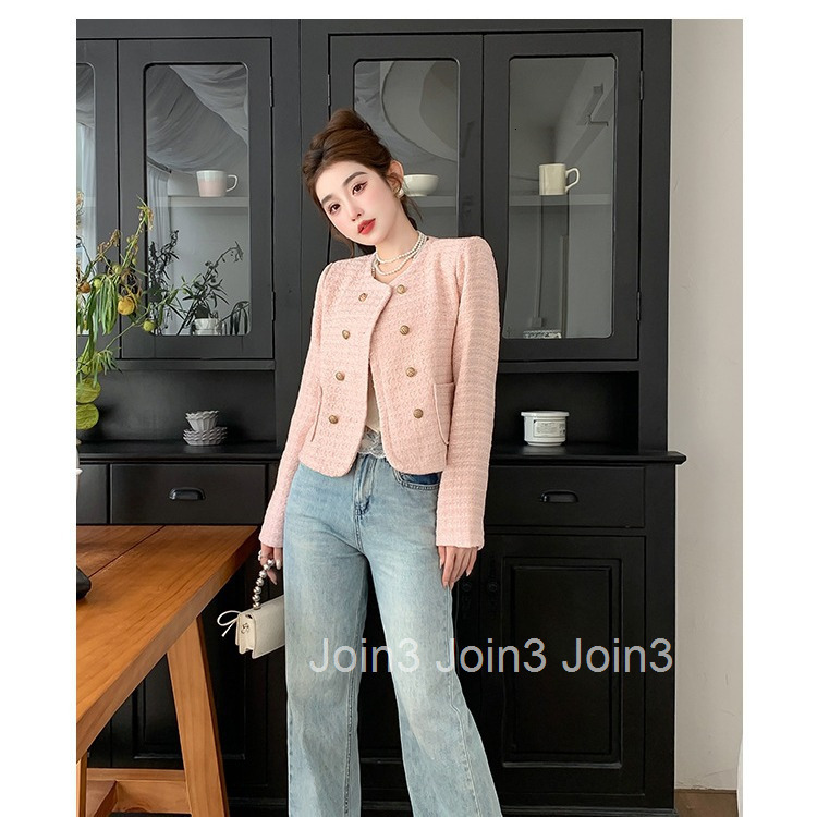 Autumn Winter New Socialite French Style Tweed Round Neck Double-Breasted Long Sleeve Short Coat Womens Top
