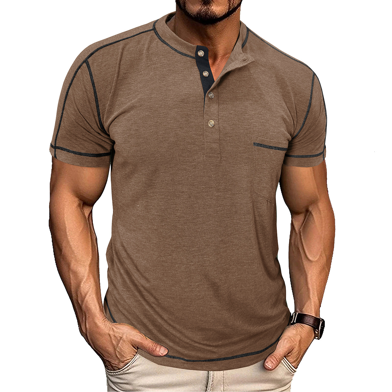 American Style Mens Round Neck Short Sleeve Half Sleeve Henley Base Shirt Top Mens Half Sleeve Fashion Color Block T-Shirt