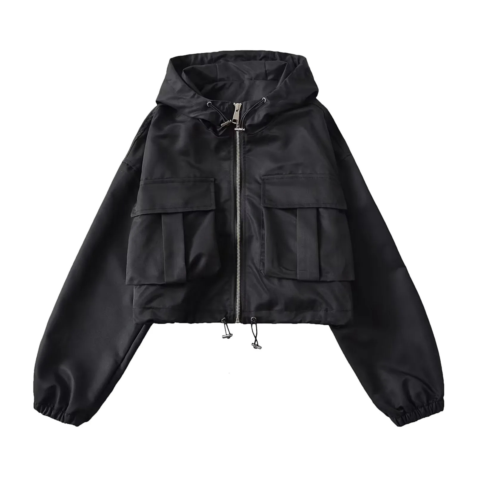 Techwear White Hooded Cargo Cropped Windbreaker Jackets Button Up Coat Women Outdoor Pink Black Top Korean 250729