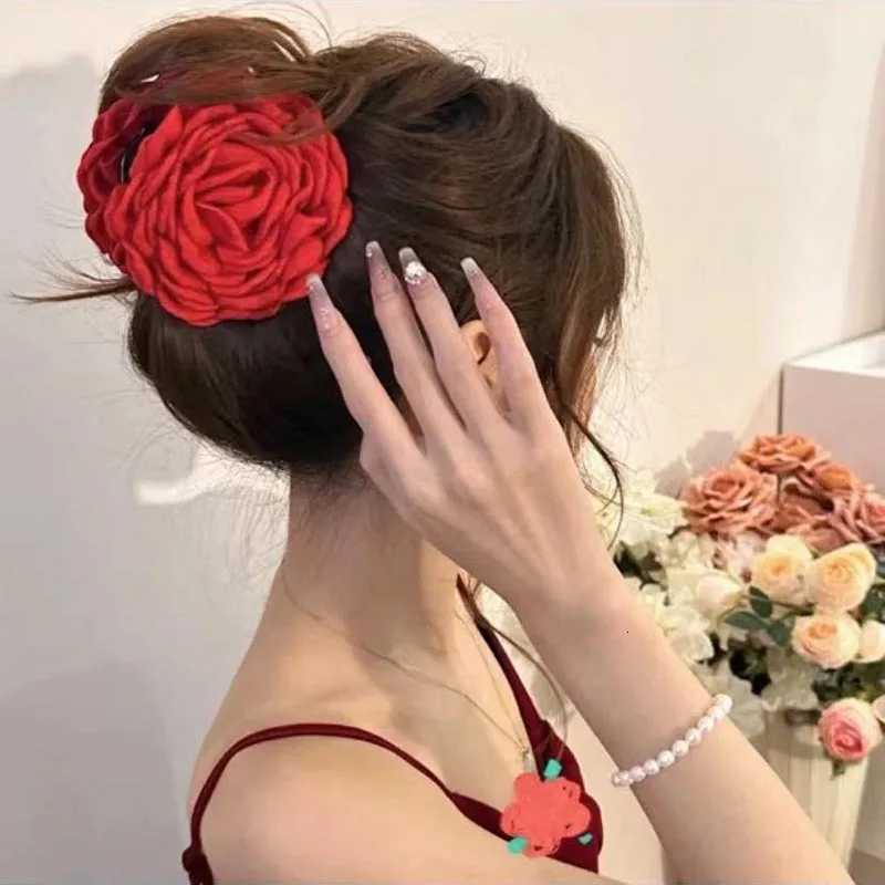 French Romantic Rose Flower Hair Clip Women Elegant Large Shark Clip Hair Claw Ponytail Barrettes Girl Hair Accessories Headwear Z250729