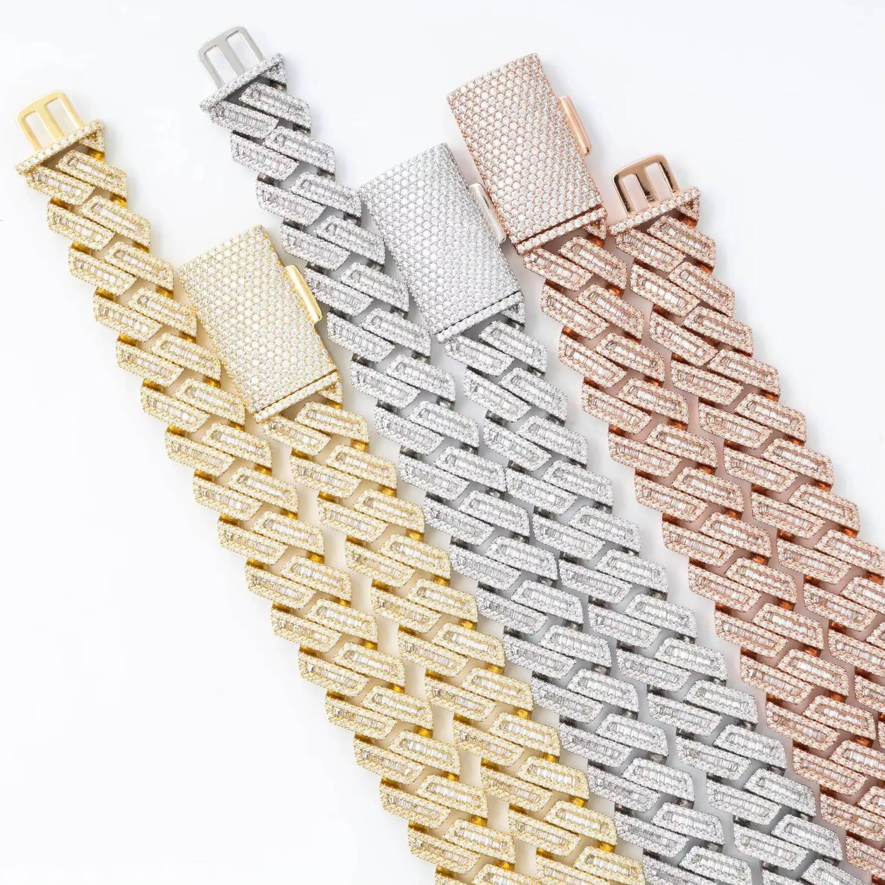 Custom 14k White Gold Plated Cuban Link VVS Moissanite Chain IGI Certified Pass Diamond Tester Round Baguette Cut Fine Chain