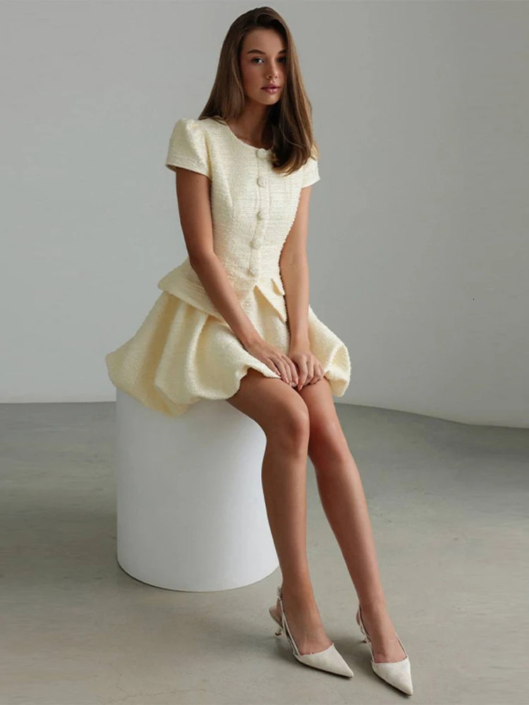 Tweed Puffy Sleeve Shirt Bubble Skirt Set Lady Retro Chic Solid Button Slim Shirts Mini Skirts Sets Women Party Outfits 250729