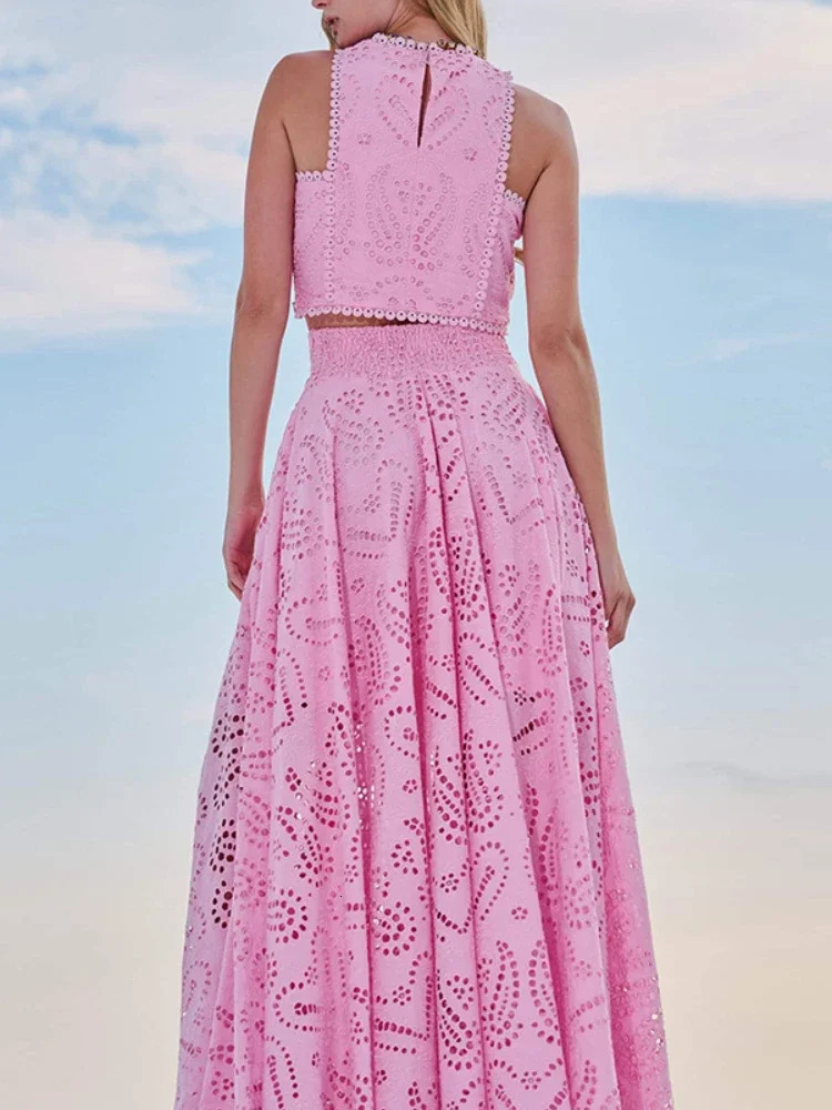 Fashion in Spring Summer Solid Color Round Neck Sleeveless Long Dress Set INS Leisure Resort Loose Twopiece Set 250729