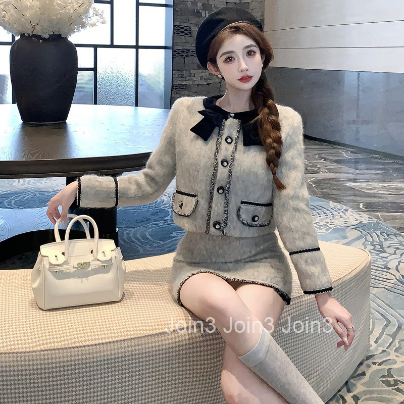 Winter Spring New Design Sense Niche Chic Fashionable Short Skirt Set Long Sleeve Top Jacket + Half Skirt