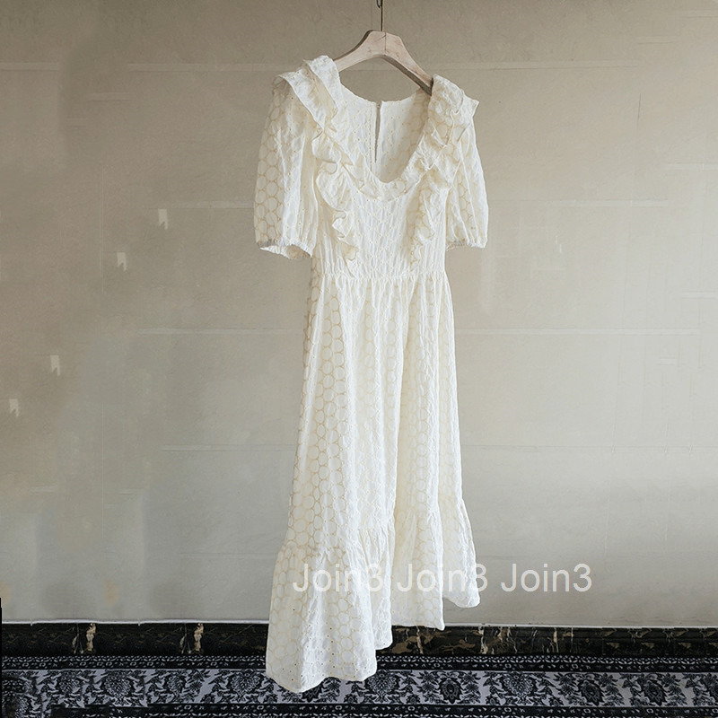 Summer New Internet Celebrity French Design High Waist V-neck Ruffle Dress Embroidered Short Sleeve Dress Long Dress