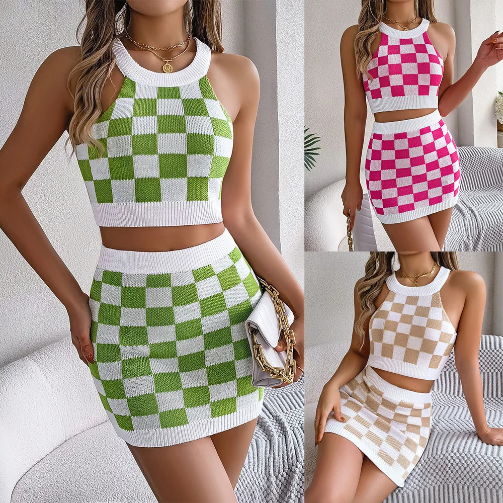 Summer Womens Clothing Set Contrast Plaid Ladies Hanging Neck Top Slim Fit Skirt Printed Matching Sets 250729