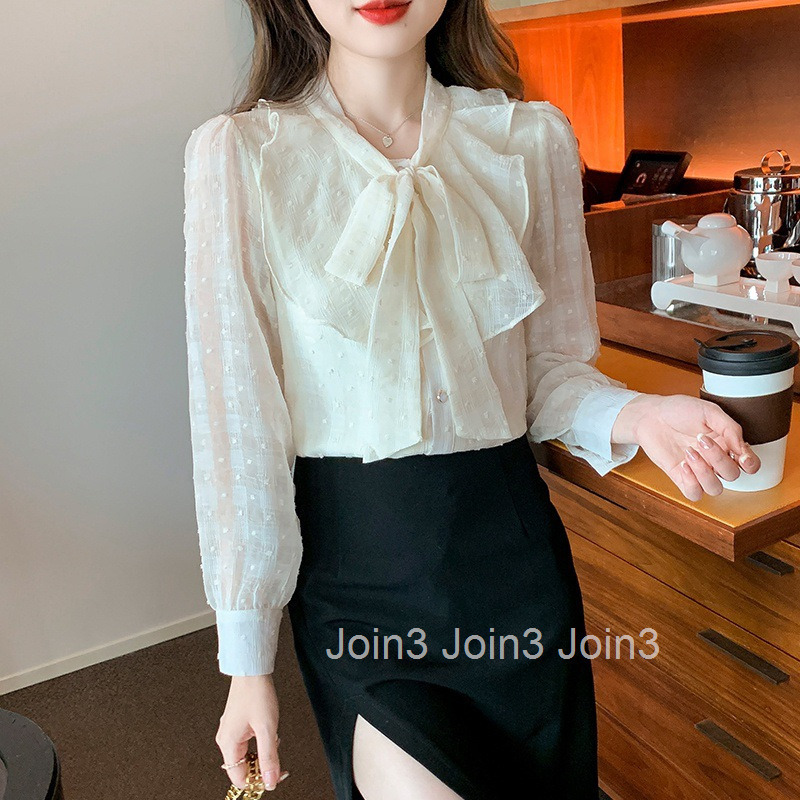 Spring and Autumn New Fashionable Sleeve Bow Collar Apricot Chiffon Blouse Womens Professional Shirt Womens Blouse