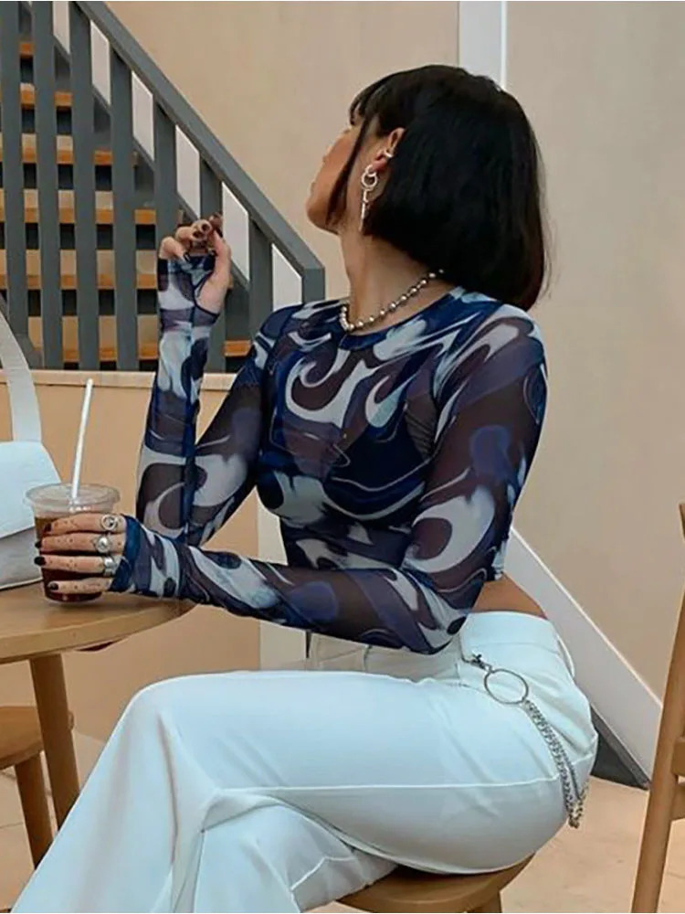 Fashion Female Mesh Crop Top Sheer Print Round Neck Long Sleeve T-Shirt Pullover Sexy Y2K Harajuku Streetwear Top 250725